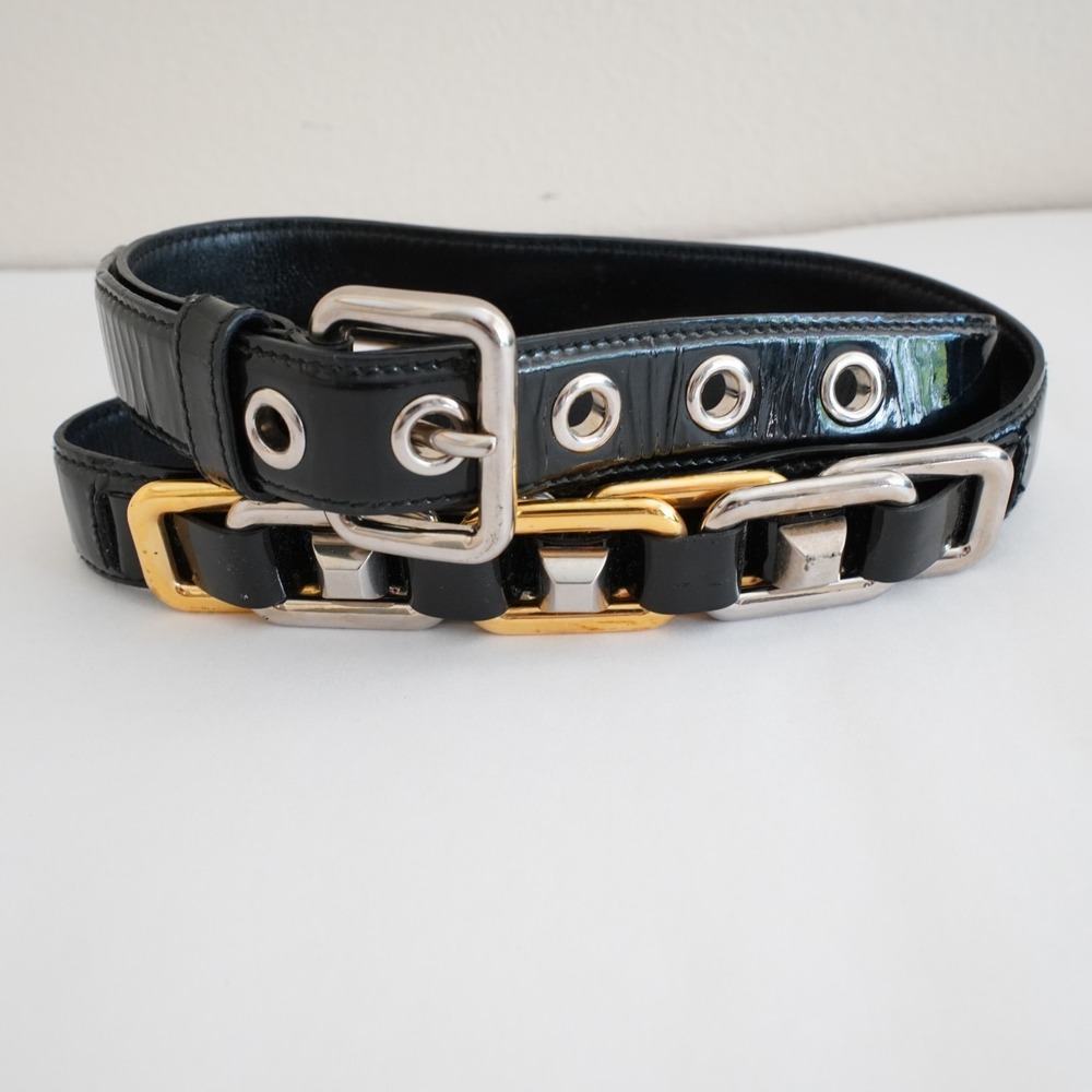 Miu Miu Patent Leather Chain Link Belt Womens S Black Statement Designer Thin